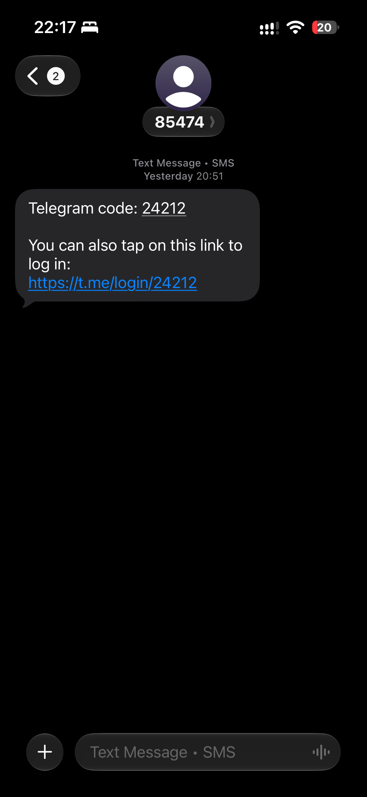 使用 Saily 美国号码接收 Telegram 注册验证码的短信示例